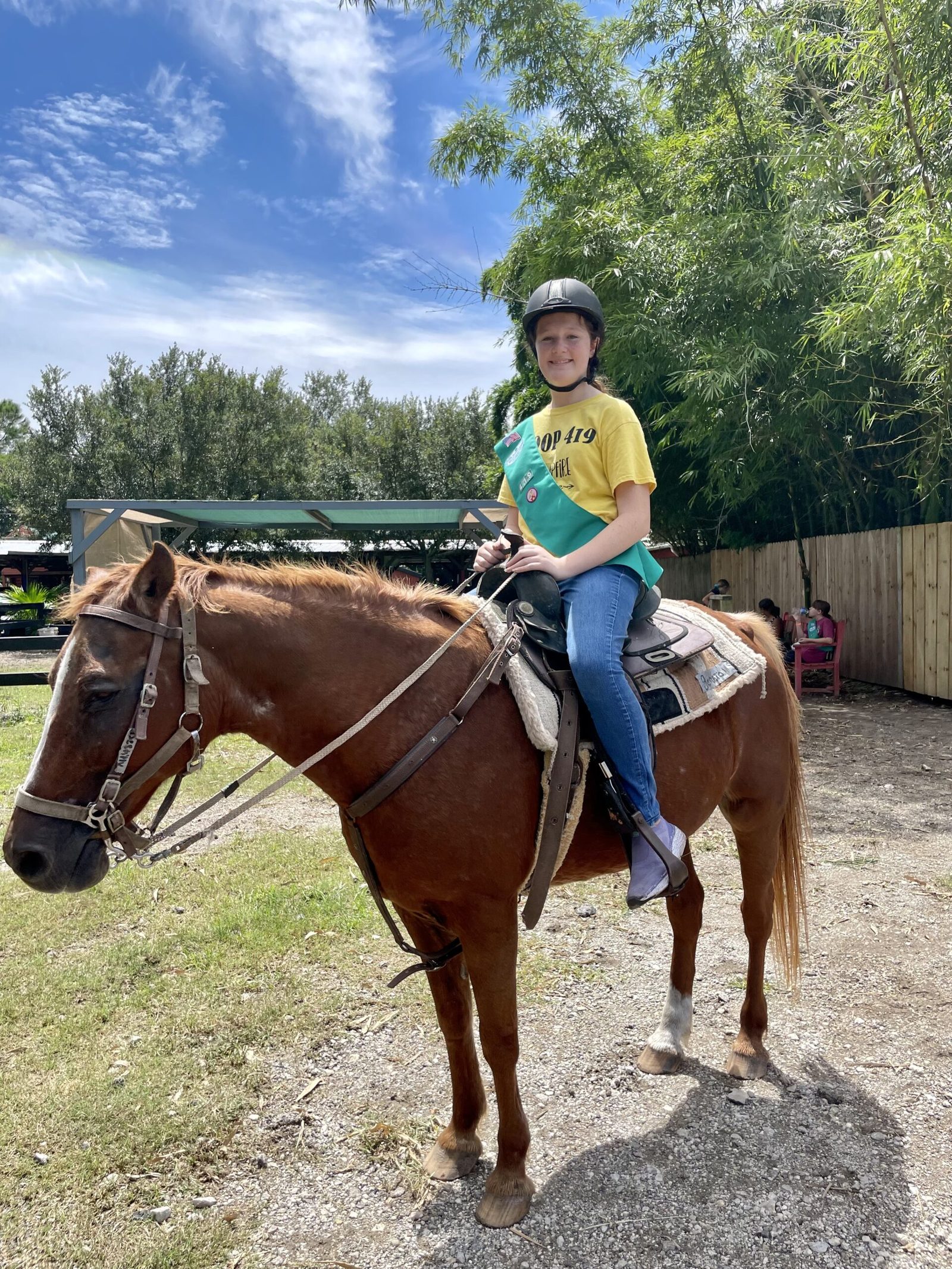 Scholarship recipient grooming a horse